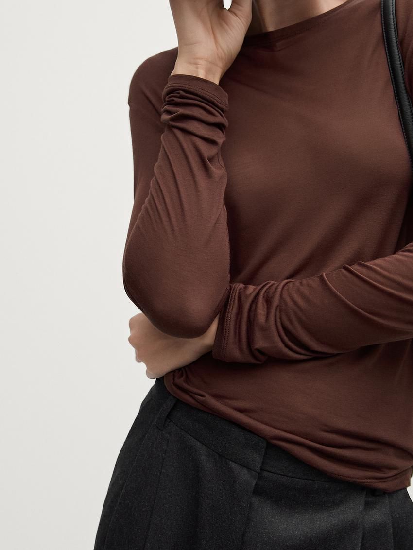 Massimo Dutti Silk Modal Lightweight With Long Sleeves Women T-Shirt Dark Brown | US-YP5740932