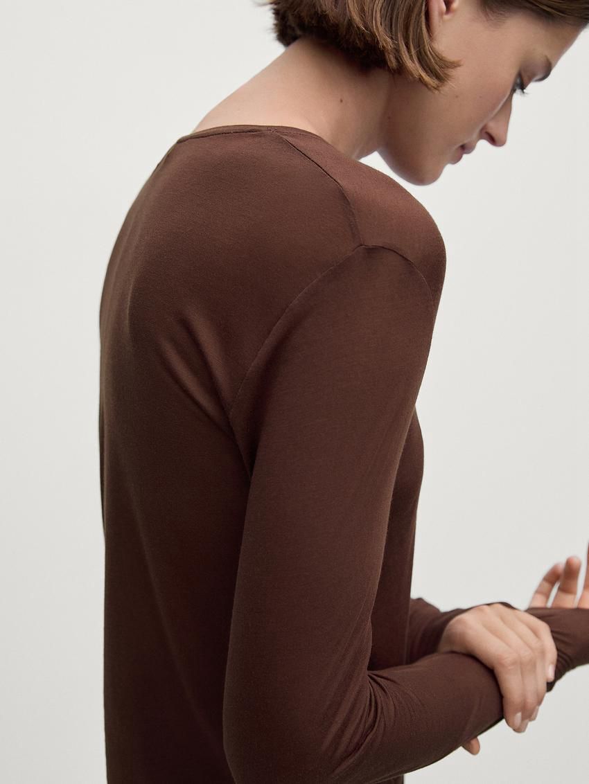 Massimo Dutti Silk Modal Lightweight With Long Sleeves Women T-Shirt Dark Brown | US-YP5740932