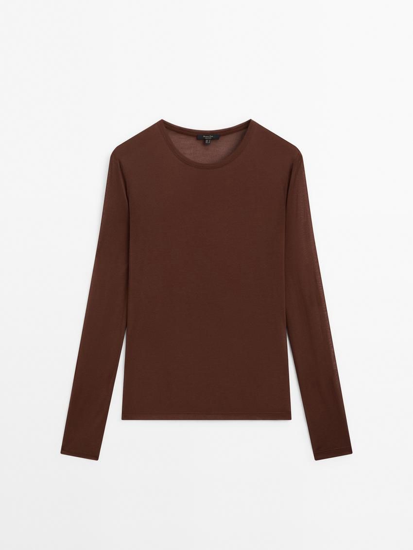 Massimo Dutti Silk Modal Lightweight With Long Sleeves Women T-Shirt Dark Brown | US-YP5740932