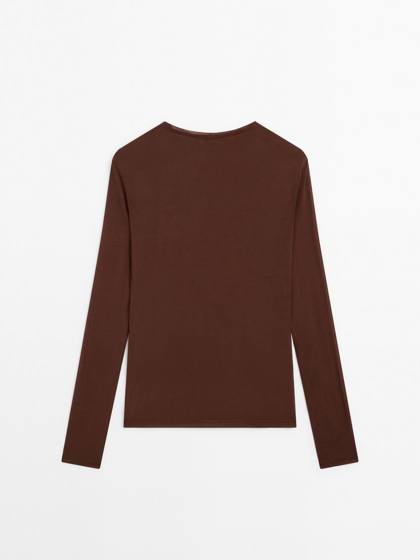 Massimo Dutti Silk Modal Lightweight With Long Sleeves Women T-Shirt Dark Brown | US-YP5740932
