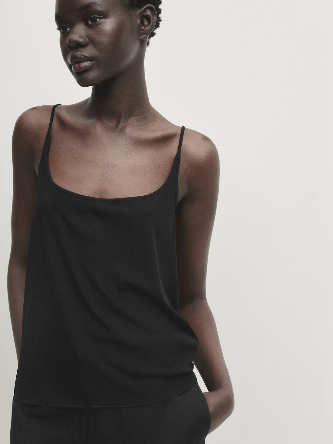 Massimo Dutti Silk Strappy Women Top Black | US-TA7140652