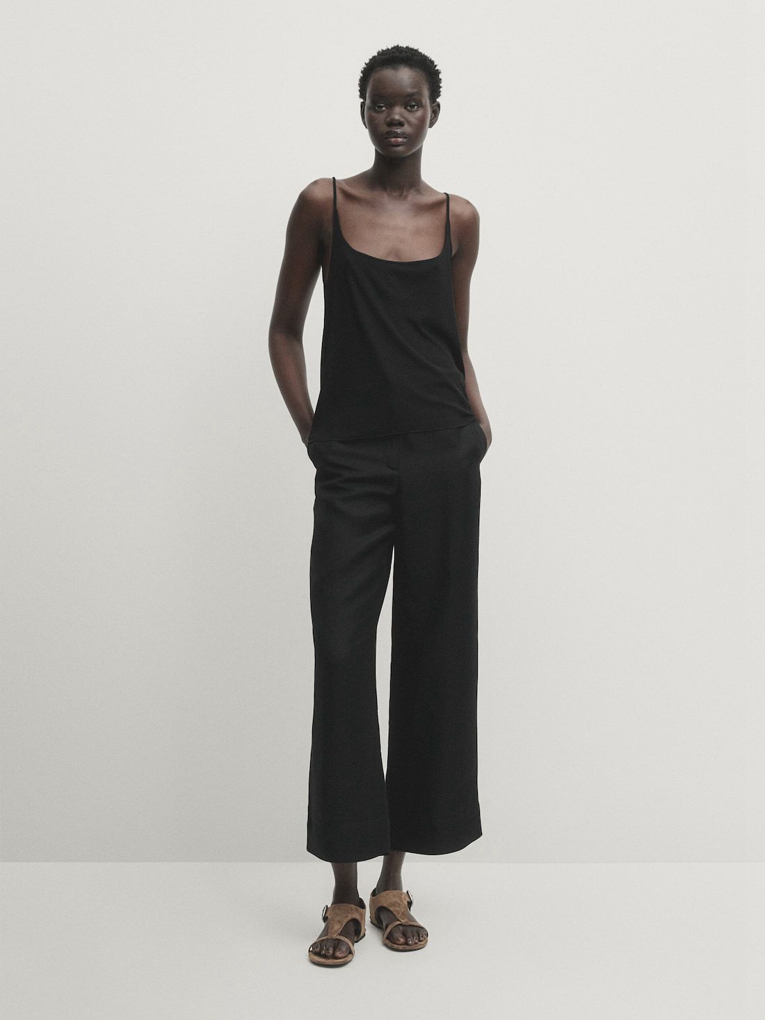 Massimo Dutti Silk Strappy Women Top Black | US-TA7140652