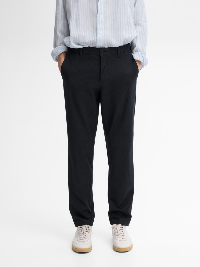 Massimo Dutti Slim Fit Micro Canvas Men Trousers Navy | US-OW1857492