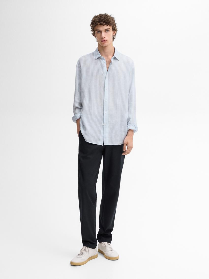 Massimo Dutti Slim Fit Micro Canvas Men Trousers Navy | US-OW1857492
