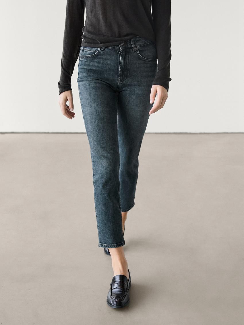 Massimo Dutti Slim Fit Mid-rise Cropped Women Jeans Dark Blue | US-QX0674953