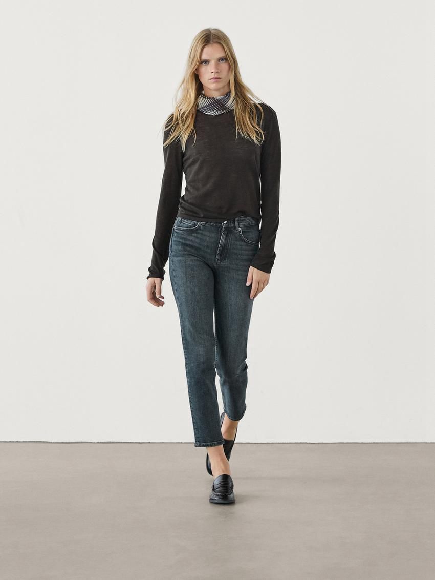 Massimo Dutti Slim Fit Mid-rise Cropped Women Jeans Dark Blue | US-QX0674953