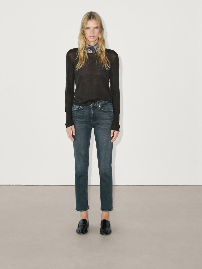 Massimo Dutti Slim Fit Mid-rise Cropped Women Jeans Dark Blue | US-QX0674953