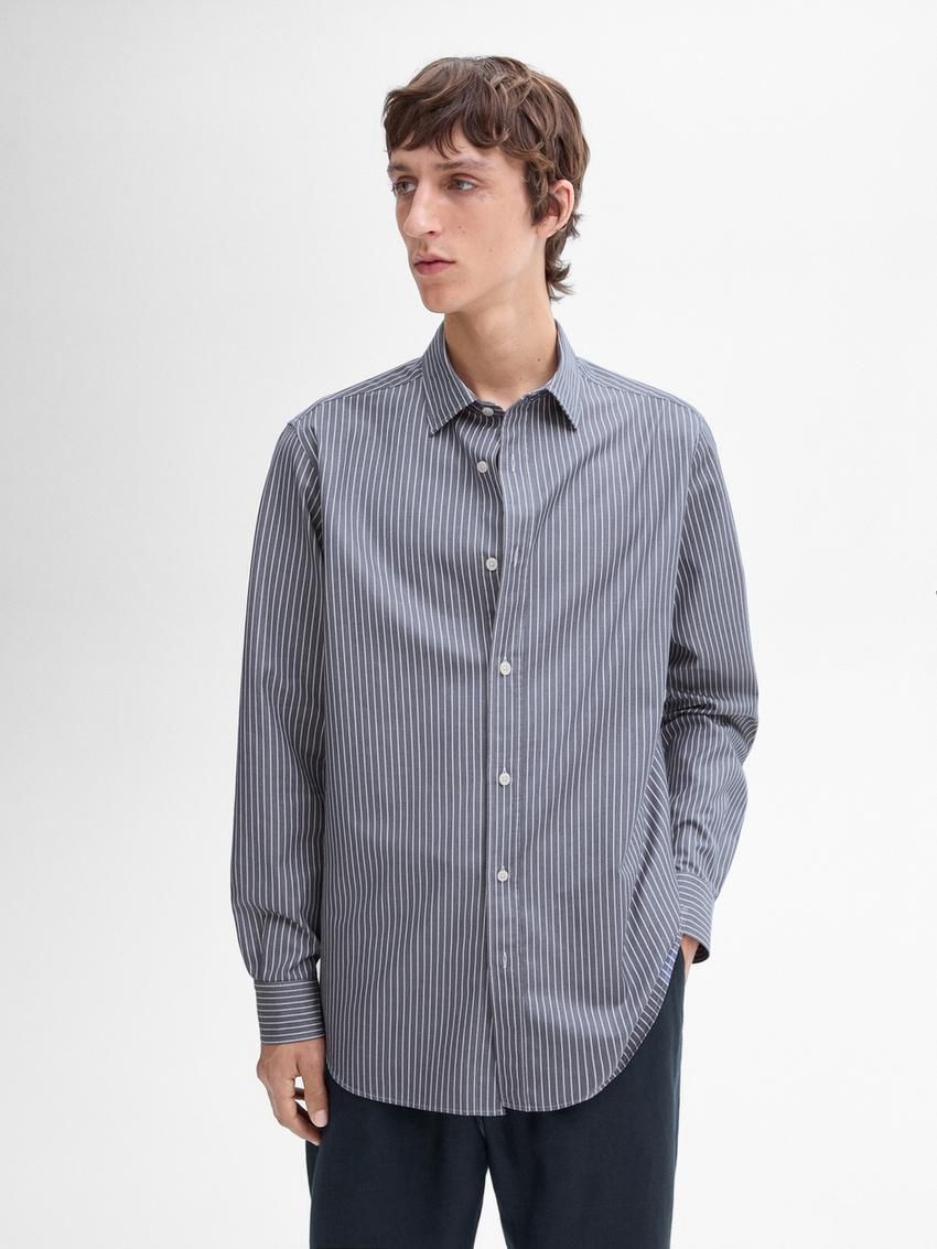 Massimo Dutti Slim Fit Striped Cotton Men Shirts Blue | US-TF5907186