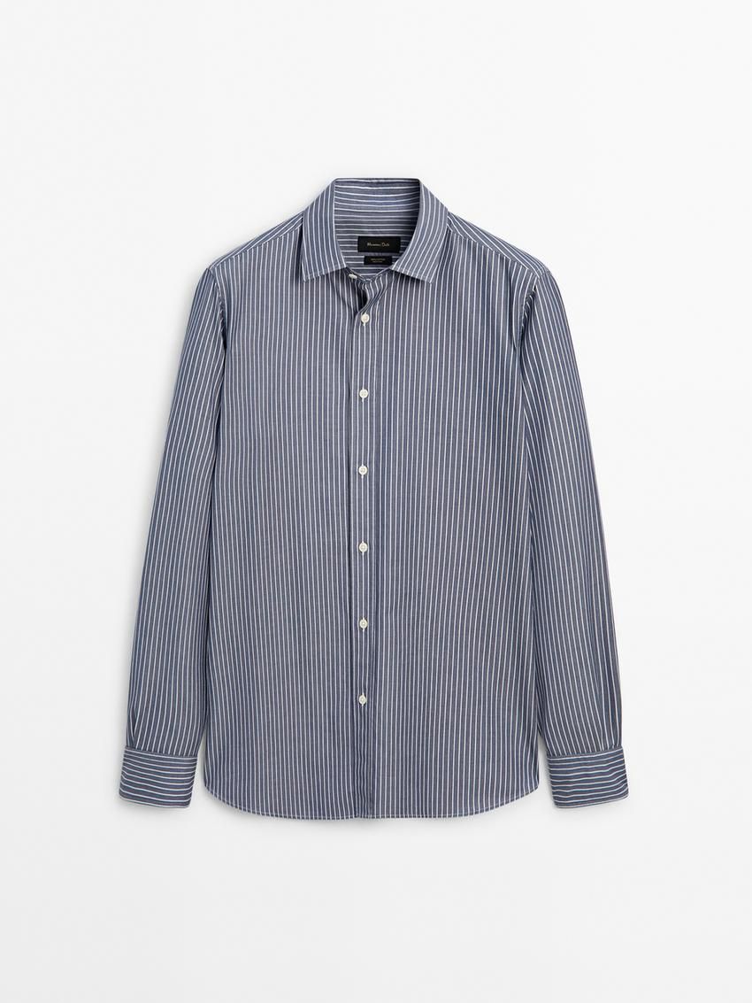Massimo Dutti Slim Fit Striped Cotton Men Shirts Blue | US-TF5907186
