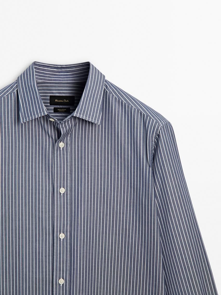 Massimo Dutti Slim Fit Striped Cotton Men Shirts Blue | US-TF5907186