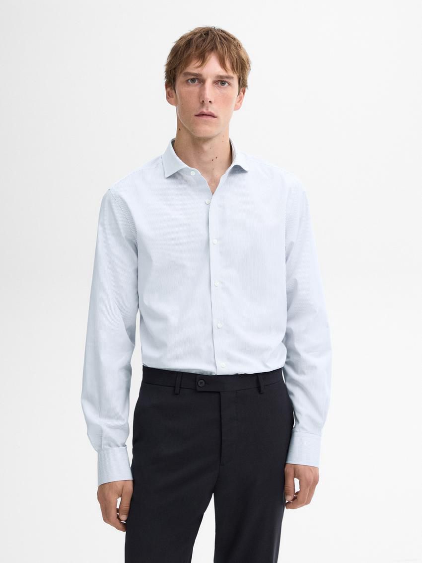Massimo Dutti Slim Fit Striped Cotton Men Shirts Light Blue | US-TB6975401