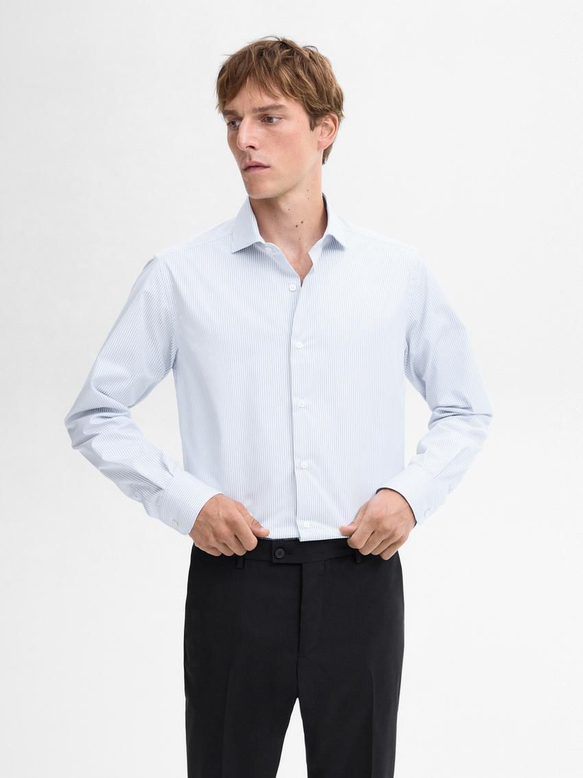 Massimo Dutti Slim Fit Striped Men Shirts Light Blue | US-AE2861034