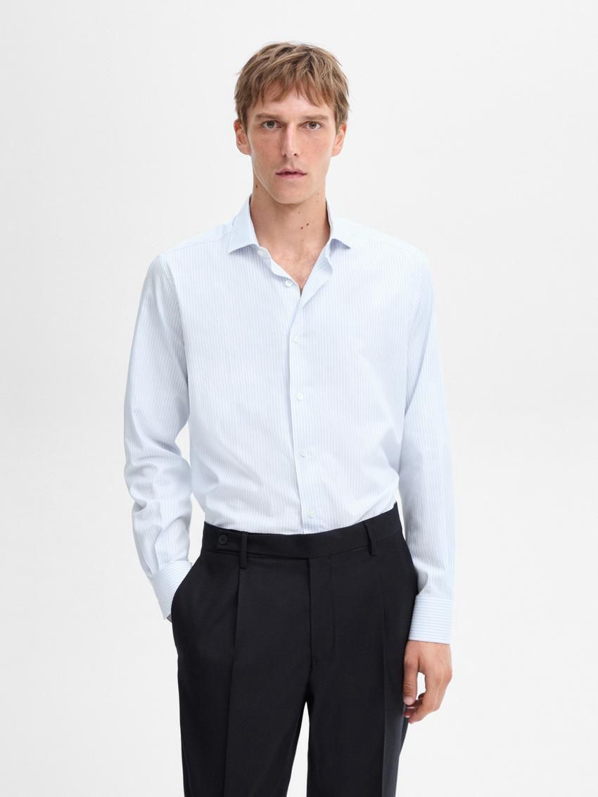 Massimo Dutti Slim-fit Striped Cotton Men Shirts Light Blue | US-CN4172860
