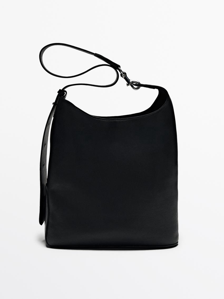 Massimo Dutti Soft Nappa Bucket Women Handbag Black | US-BI2758346