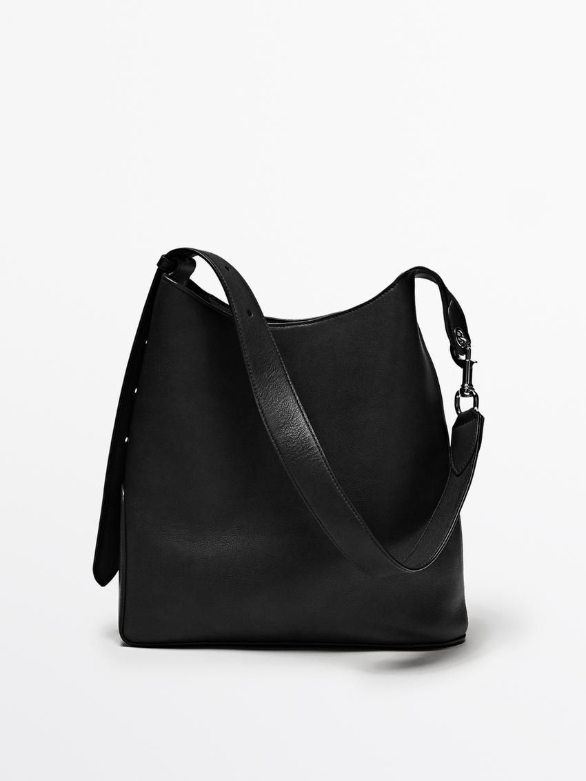 Massimo Dutti Soft Nappa Bucket Women Handbag Black | US-BI2758346