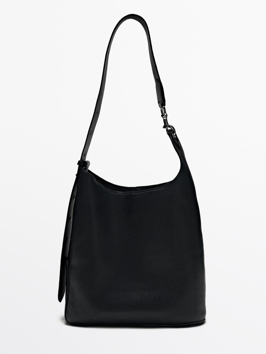 Massimo Dutti Soft Nappa Bucket Women Handbag Black | US-BI2758346