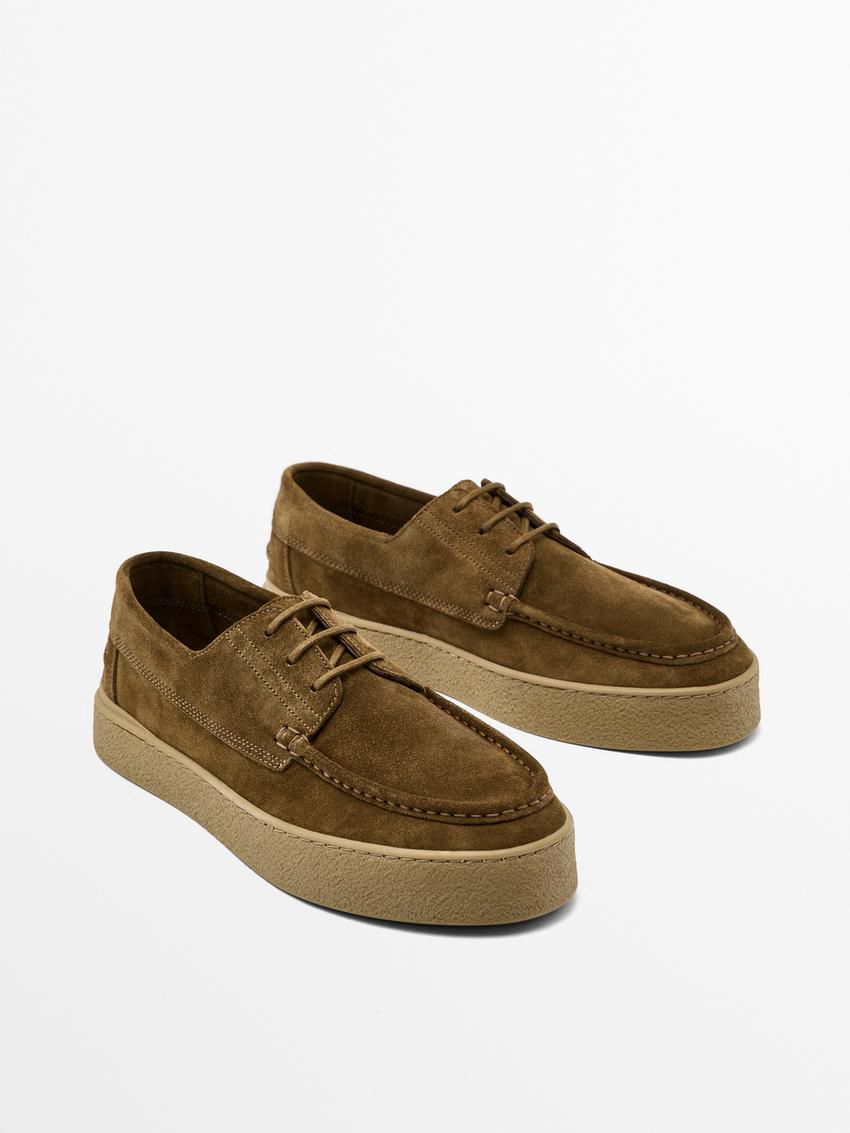 Massimo Dutti Soft Split Leather Men Boat Shoes Brown Khaki | US-CQ1690428