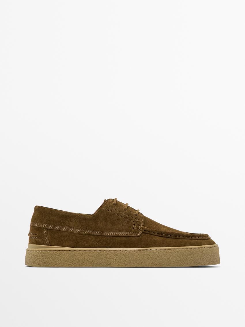 Massimo Dutti Soft Split Leather Men Boat Shoes Brown Khaki | US-CQ1690428