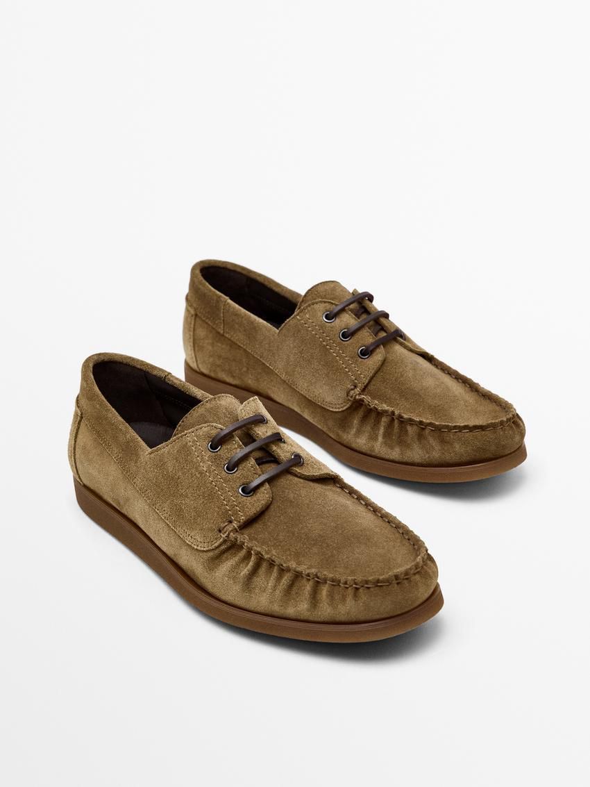 Massimo Dutti Soft Split Leather Men Boat Shoes Brown Khaki | US-PD0974268