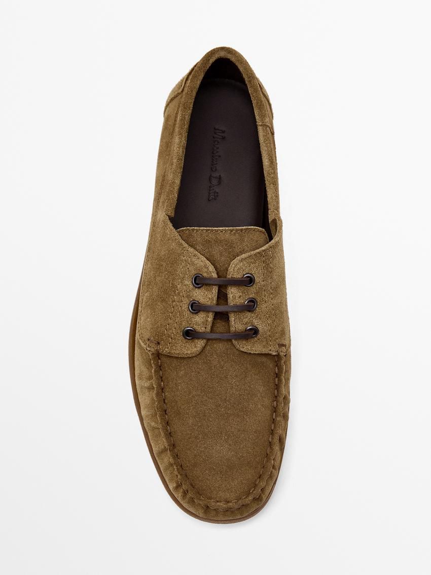 Massimo Dutti Soft Split Leather Men Boat Shoes Brown Khaki | US-PD0974268