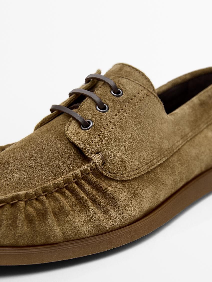 Massimo Dutti Soft Split Leather Men Boat Shoes Brown Khaki | US-PD0974268