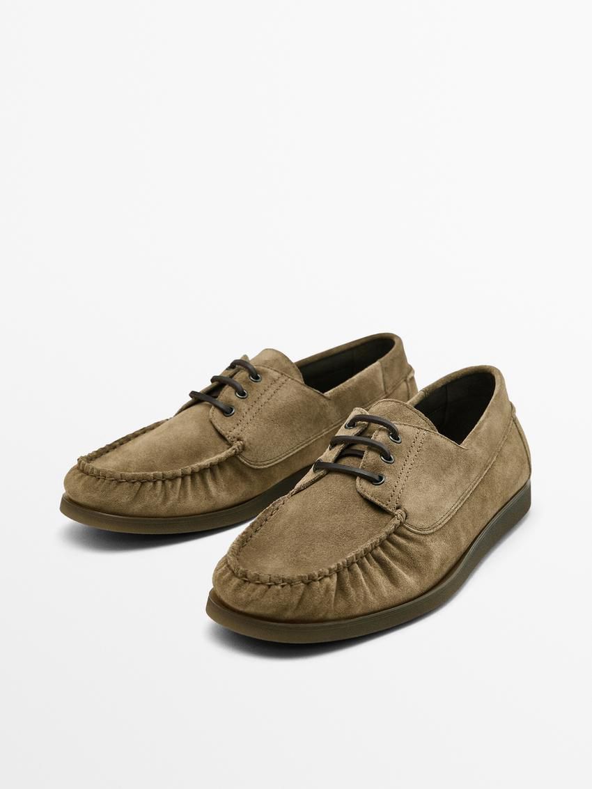 Massimo Dutti Soft Split Leather Men Boat Shoes Brown Beige | US-ZW0148723