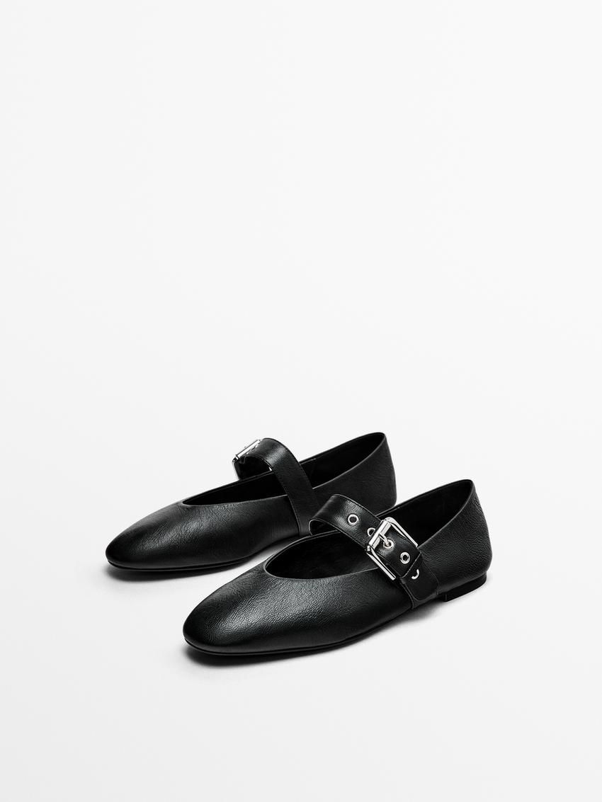 Massimo Dutti Soft With Buckle Women Ballet Flats Black | US-LS5431702
