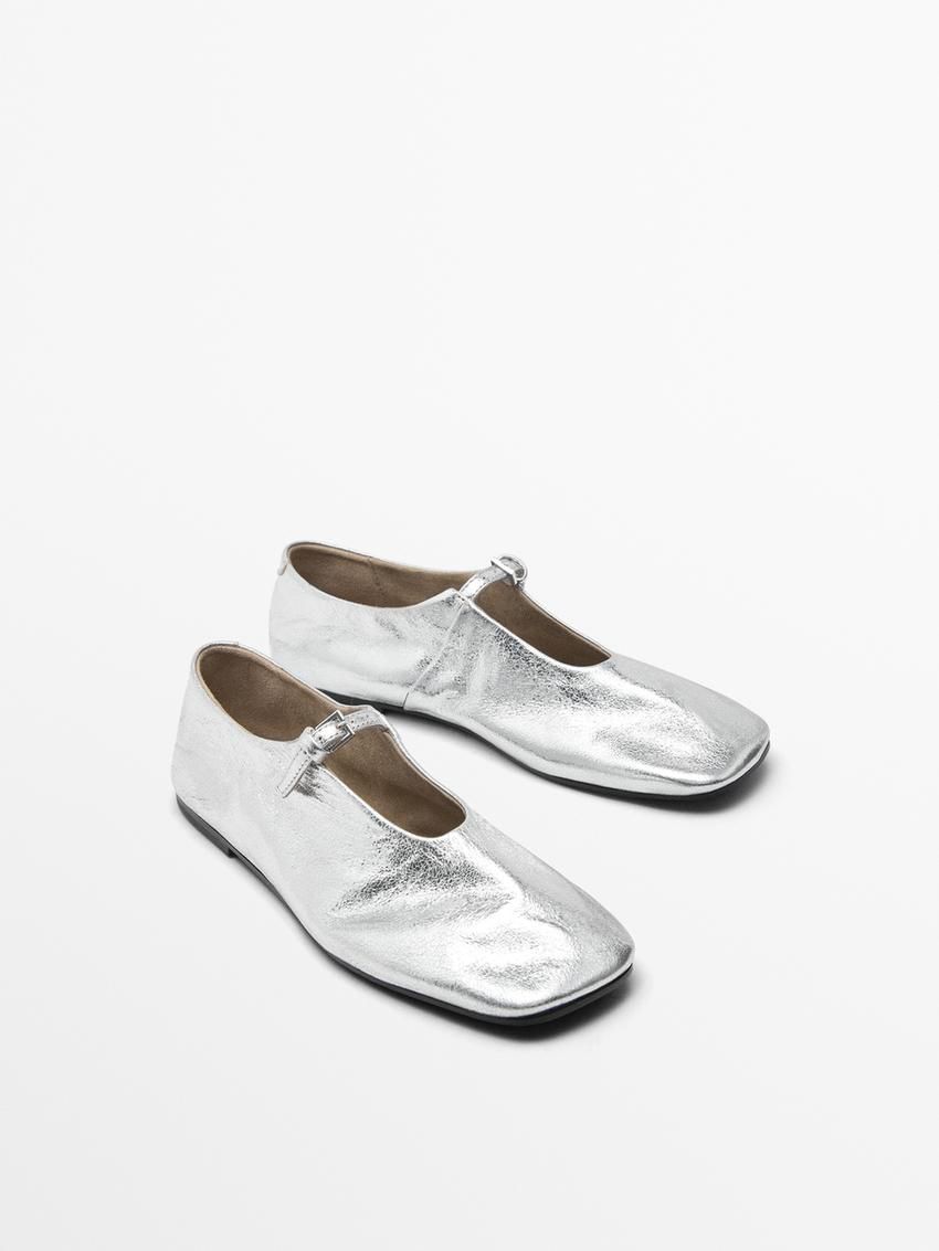 Massimo Dutti Soft With Buckle Women Ballet Flats Silver | US-IZ2098315
