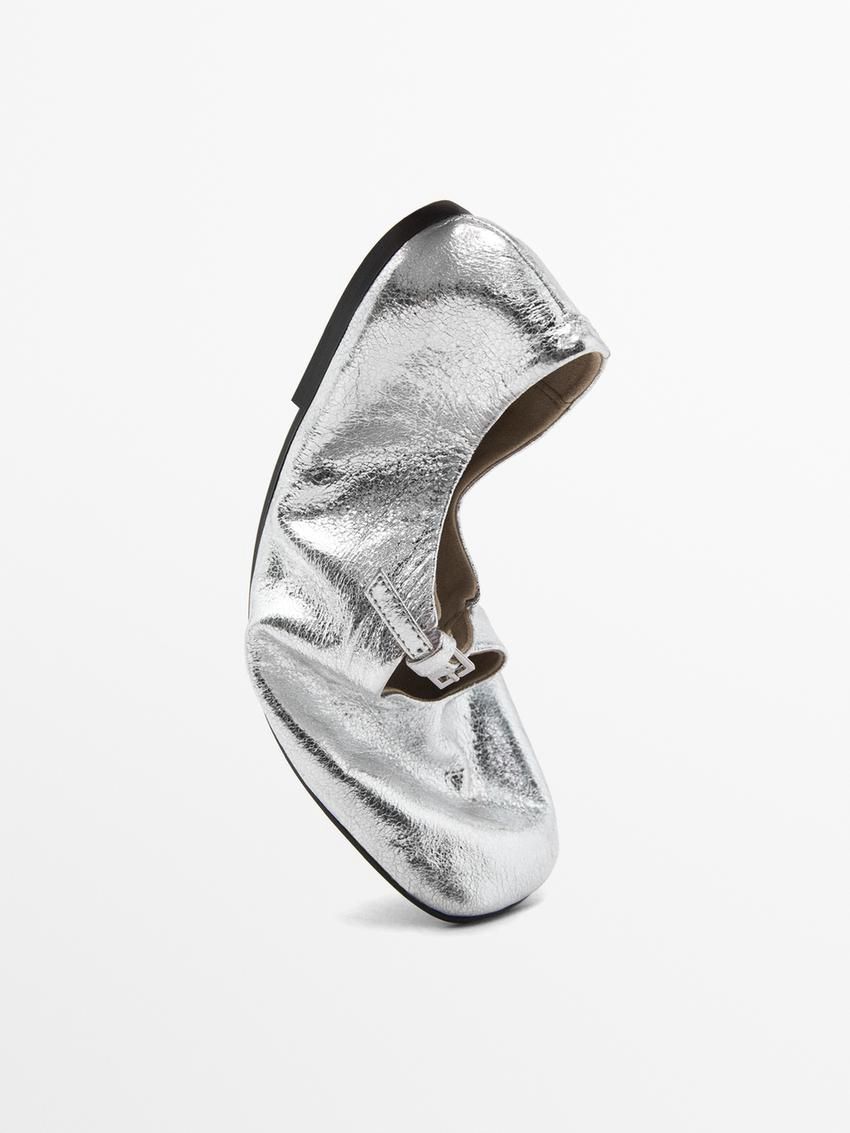 Massimo Dutti Soft With Buckle Women Ballet Flats Silver | US-IZ2098315