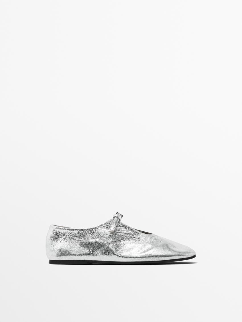 Massimo Dutti Soft With Buckle Women Ballet Flats Silver | US-IZ2098315