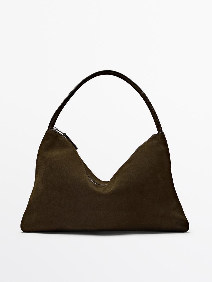 Massimo Dutti Split Cowhide Leather Women Handbag Khaki | US-IP8234967