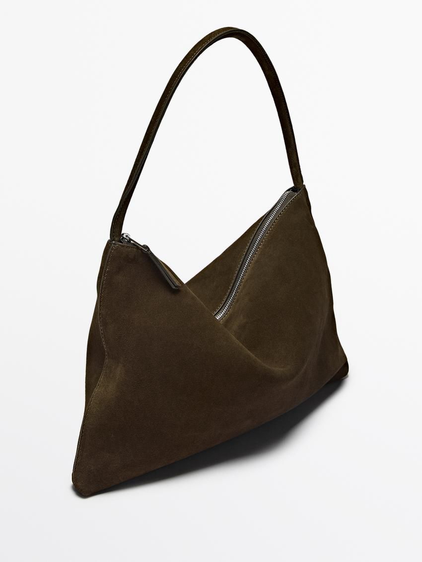 Massimo Dutti Split Cowhide Leather Women Handbag Khaki | US-IP8234967