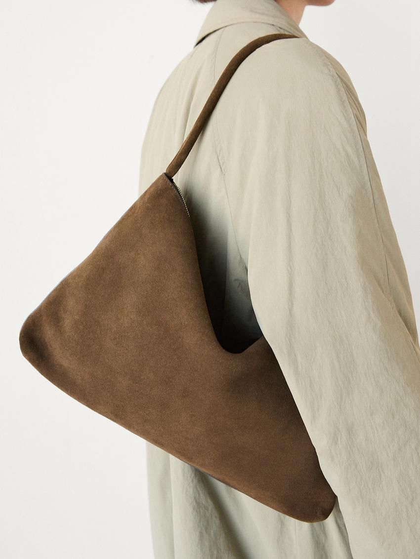 Massimo Dutti Split Cowhide Leather Women Handbag Khaki | US-IP8234967