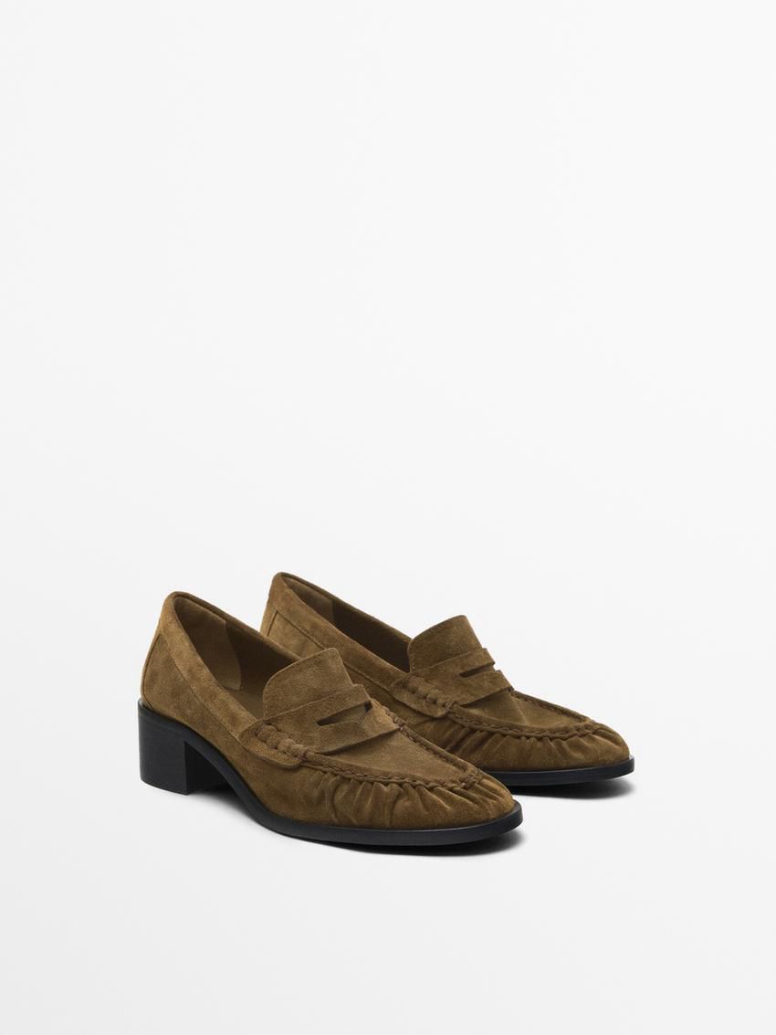 Massimo Dutti Split Leather Heeled Women Loafers Brown | US-OR5938147