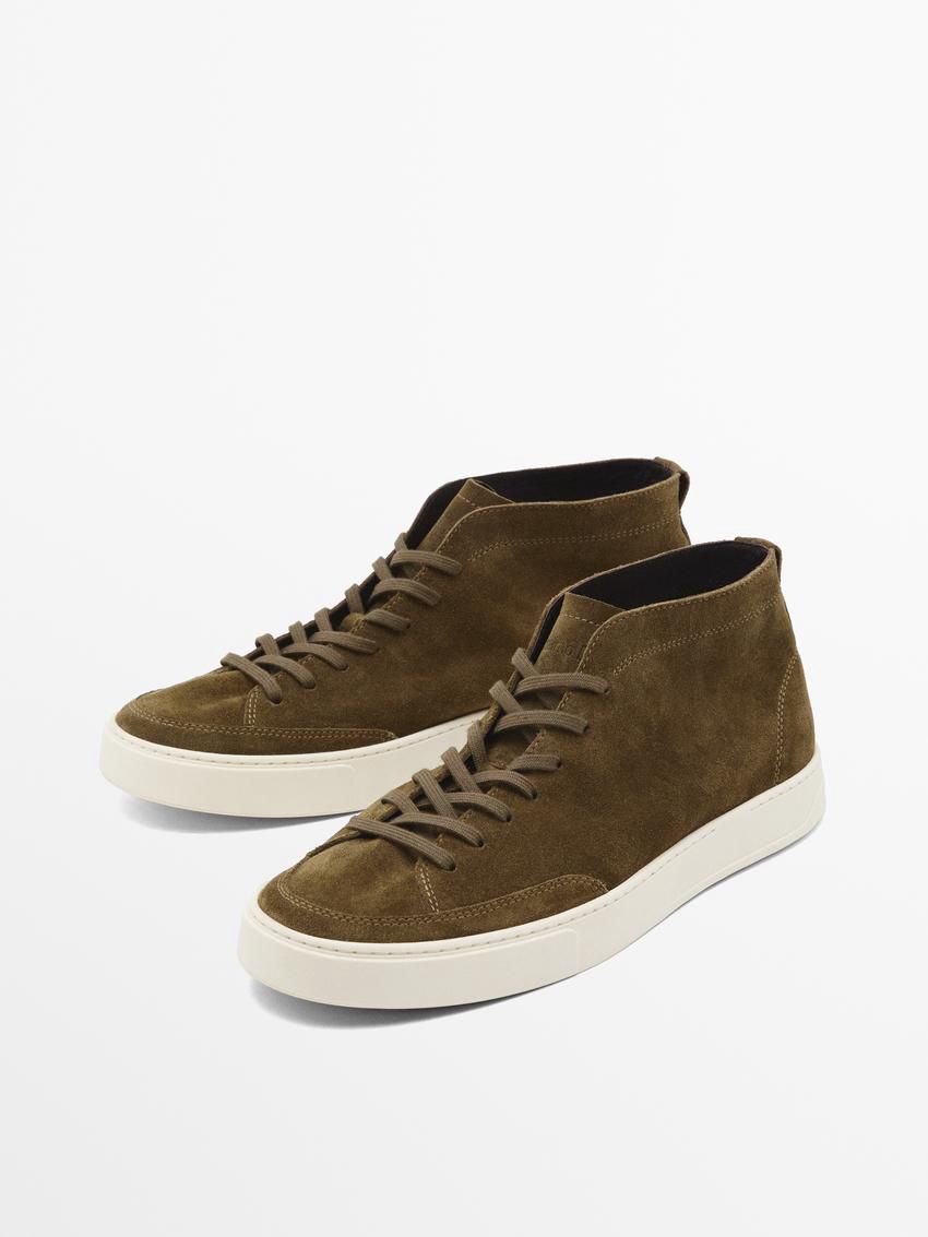 Massimo Dutti Split Leather High-top Men Sneakers Dark Olive | US-UK7204136