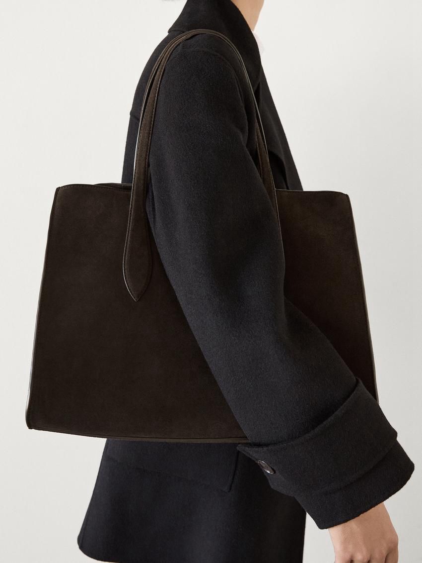 Massimo Dutti Split Leather Maxi Women Tote Bag Dark Brown | US-PR6548017