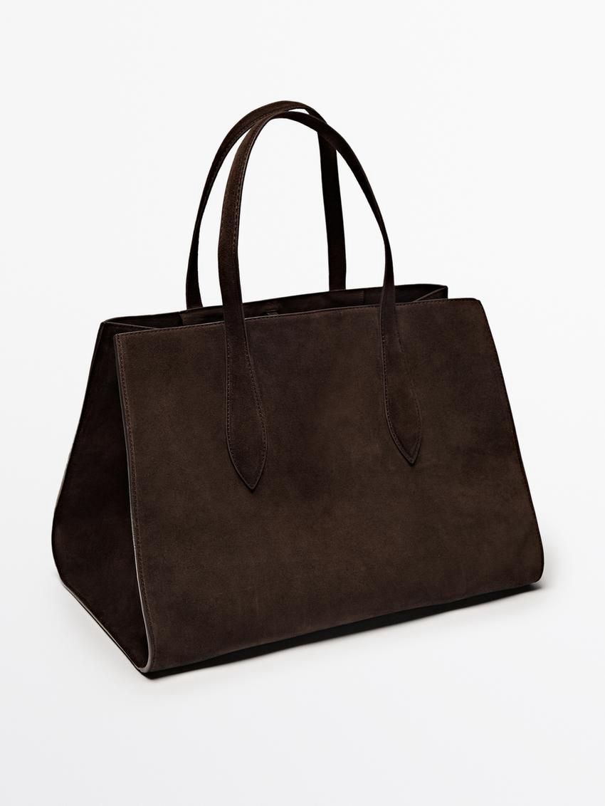 Massimo Dutti Split Leather Maxi Women Tote Bag Dark Brown | US-PR6548017