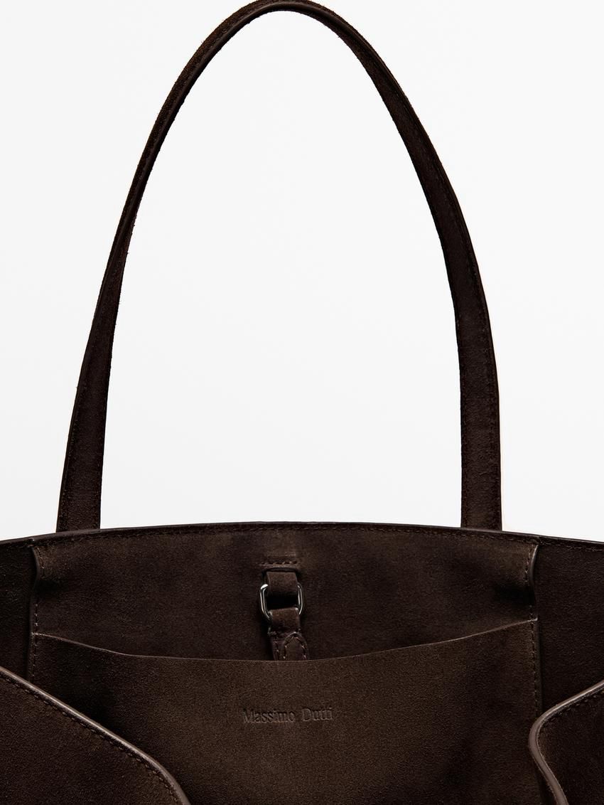 Massimo Dutti Split Leather Maxi Women Tote Bag Dark Brown | US-PR6548017