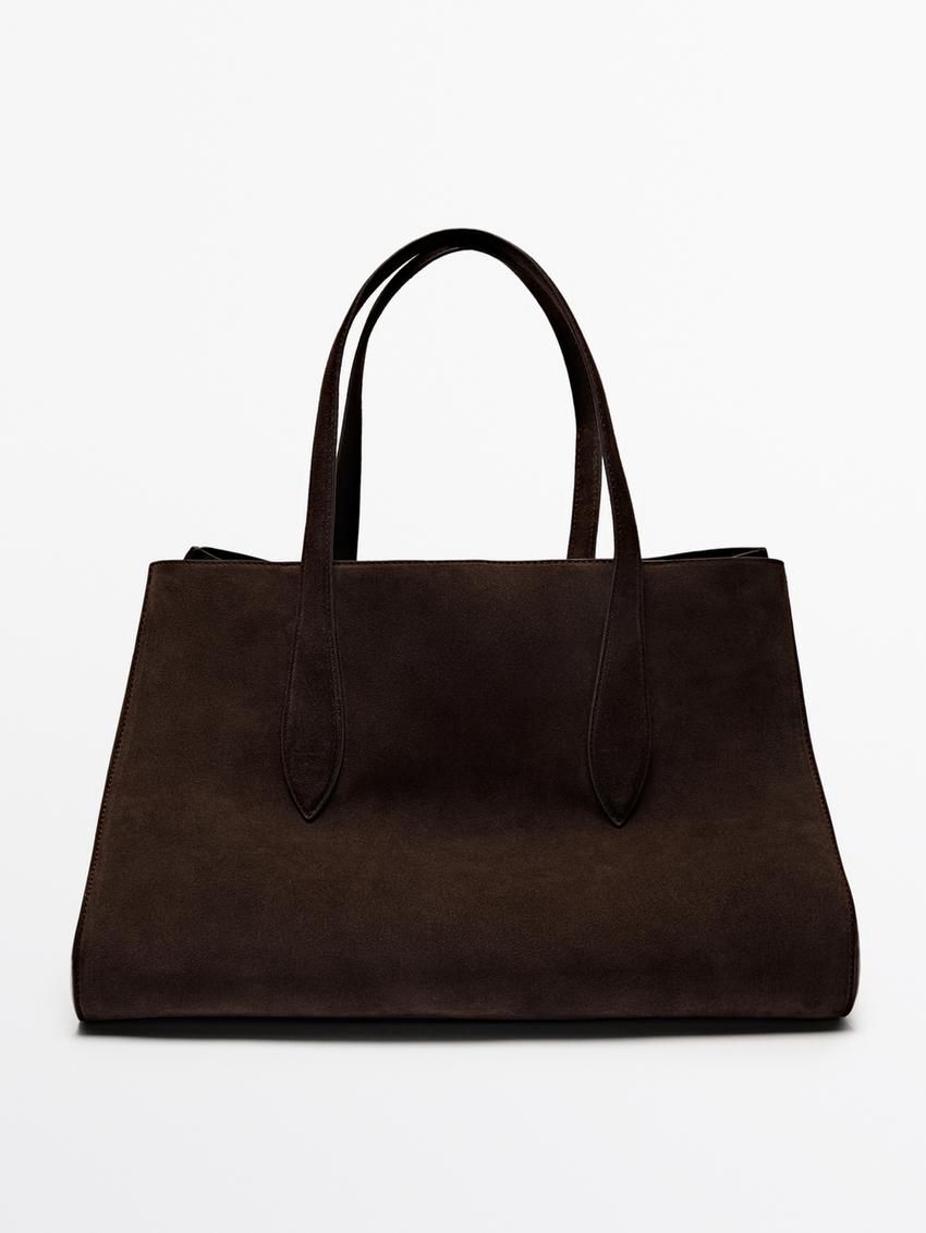 Massimo Dutti Split Leather Maxi Women Tote Bag Dark Brown | US-PR6548017