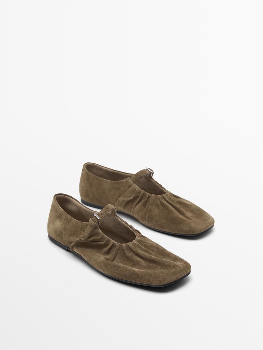 Massimo Dutti Split Leather With Gathered Detail Women Ballet Flats Dark Brown | US-LT7156324