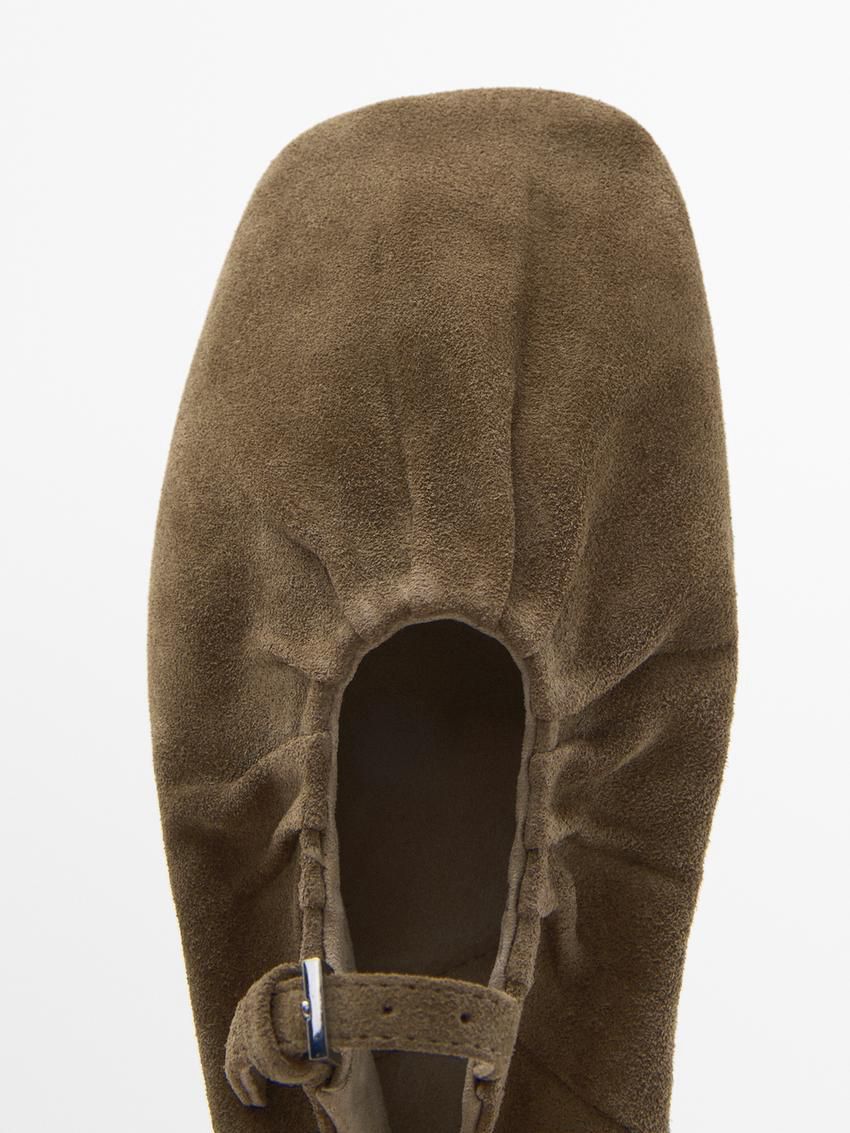Massimo Dutti Split Leather With Gathered Detail Women Ballet Flats Dark Brown | US-LT7156324