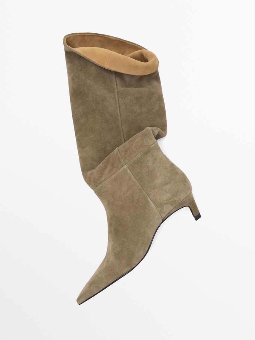 Massimo Dutti Split Leather Women Heeled Boots Khaki | US-SC4705698