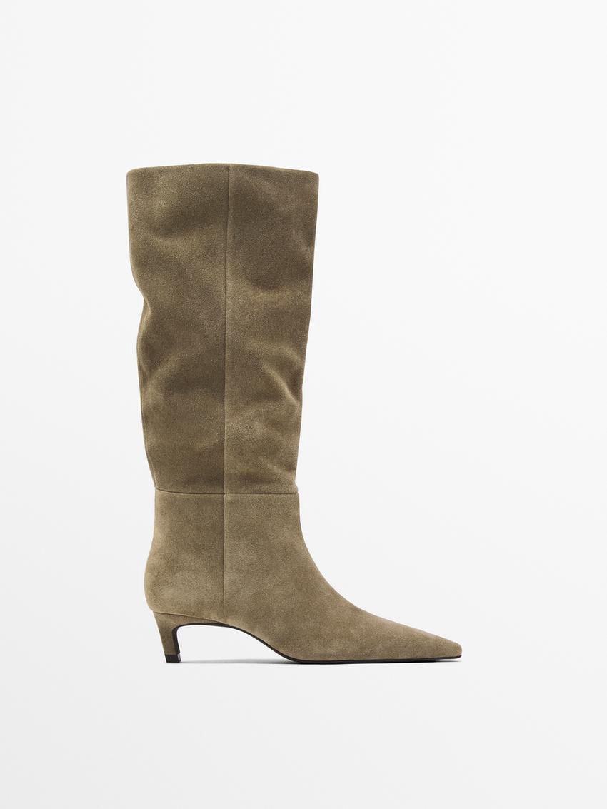 Massimo Dutti Split Leather Women Heeled Boots Khaki | US-SC4705698