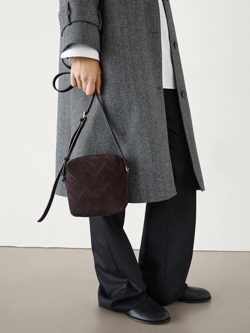 Massimo Dutti Split Suede Braided Women Bucket Bag Dark Brown | US-PA1370954