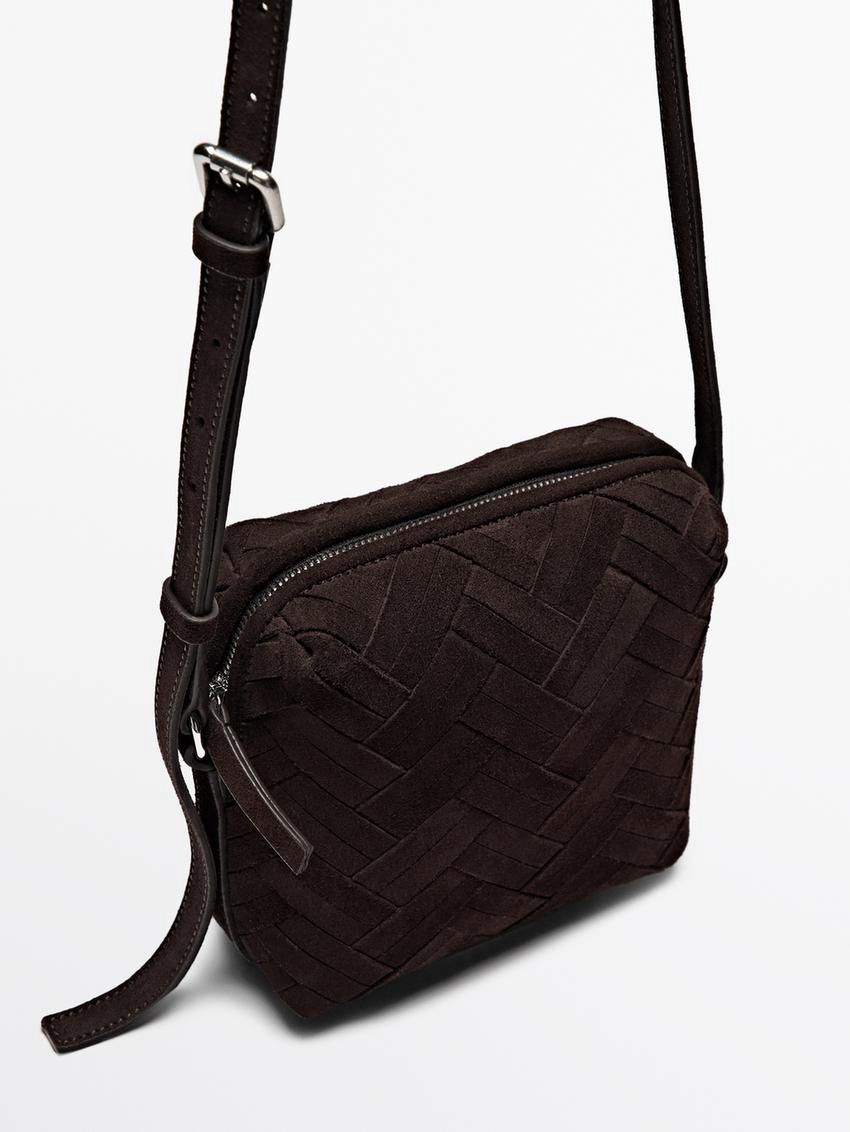 Massimo Dutti Split Suede Braided Women Bucket Bag Dark Brown | US-PA1370954