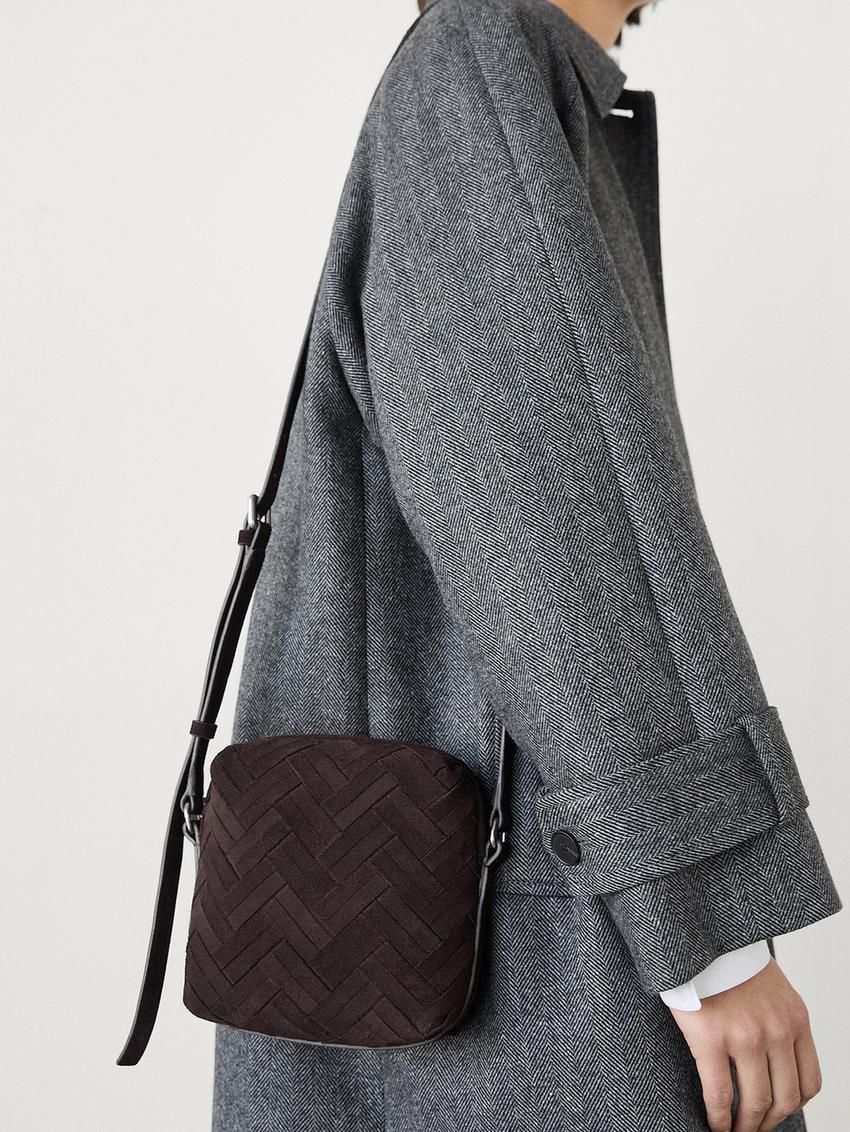 Massimo Dutti Split Suede Braided Women Bucket Bag Dark Brown | US-PA1370954
