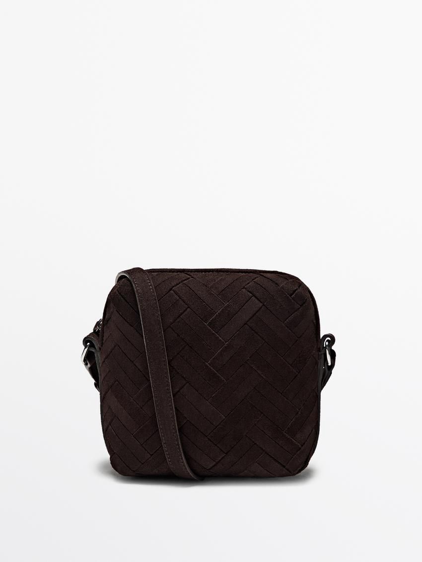 Massimo Dutti Split Suede Braided Women Bucket Bag Dark Brown | US-PA1370954