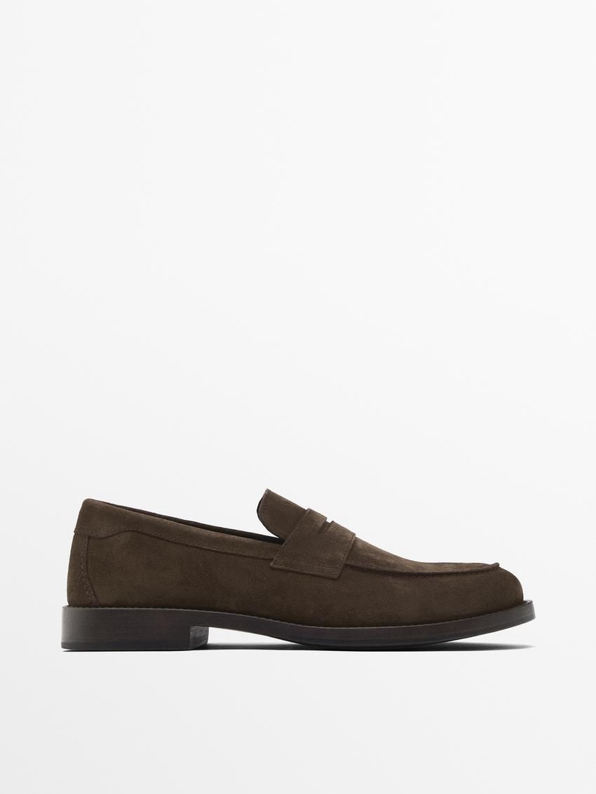 Massimo Dutti Split Suede Penny Men Loafers Dark Brown | US-TH0692415