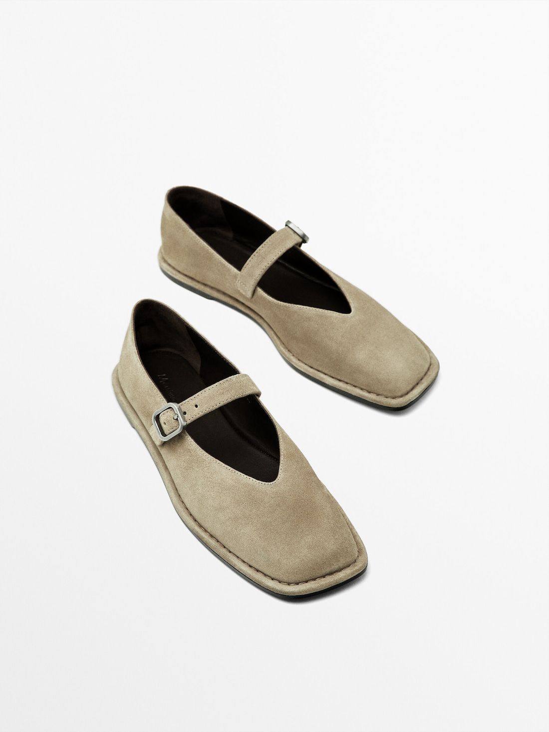 Massimo Dutti Split Suede With Buckle Women Ballet Flats Khaki | US-YA0379856