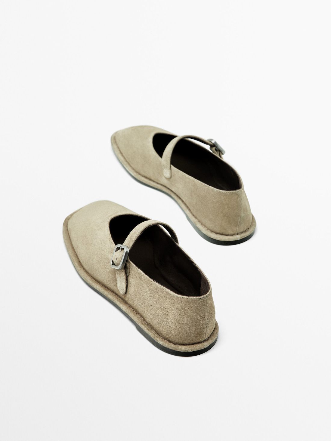 Massimo Dutti Split Suede With Buckle Women Ballet Flats Khaki | US-YA0379856